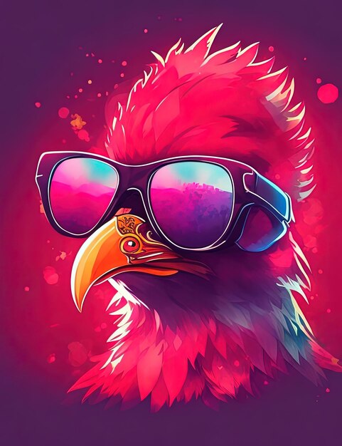 brightly colored bird wearing sunglasses and a red background