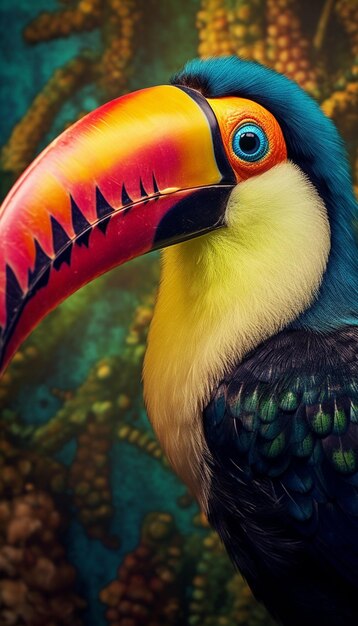 Brightly colored bird with a bright beak and a bright blue beak generative ai