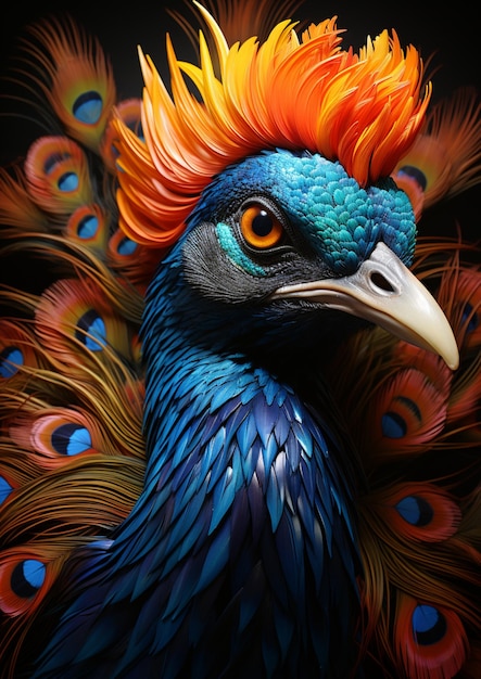 Brightly colored bird with feathers on a black background generative ai