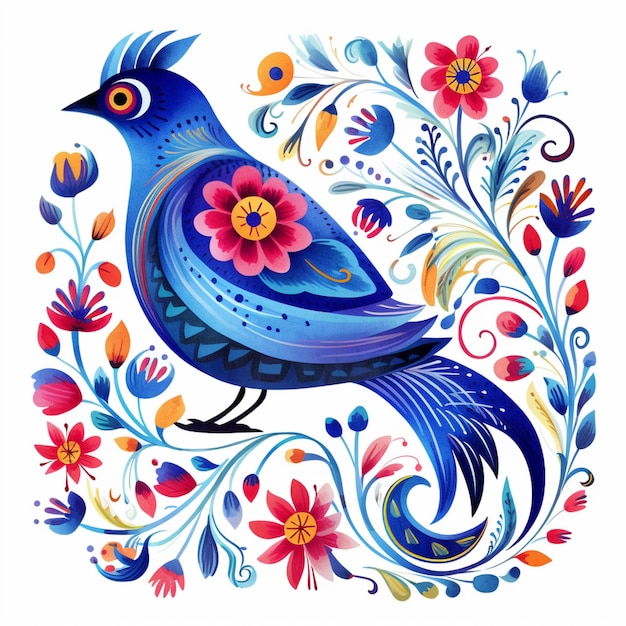 brightly colored bird with floral design on white background generative ai