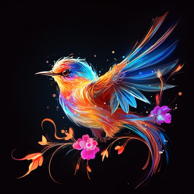 brightly colored bird with flowers on a black background generative ai