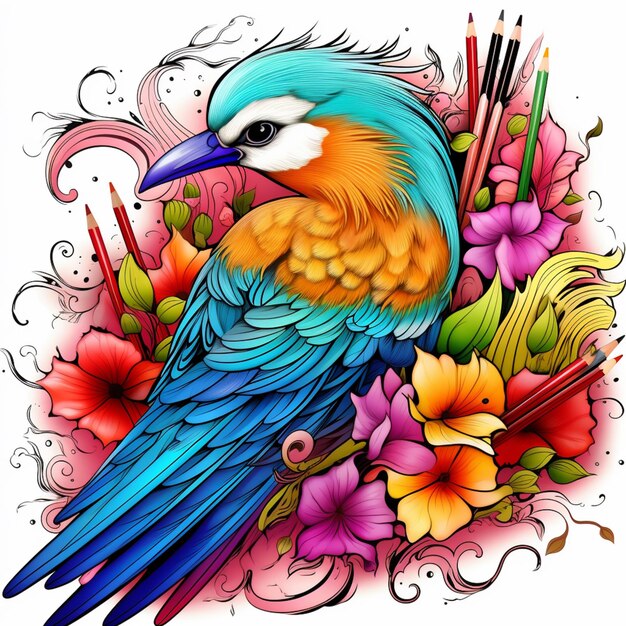 Brightly colored bird with flowers and leaves on a white background generative ai