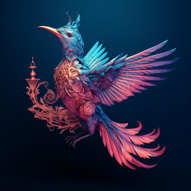 華やかな翼とキャンドル ホルダーを持つ明るい色の鳥の生成 AI