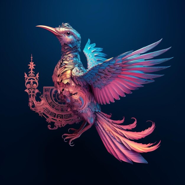 Brightly colored bird with ornate wings on a dark background generative ai