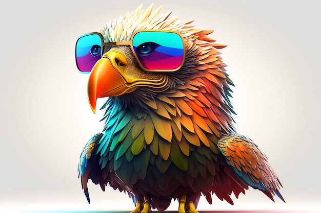 Brightly colored bird with sunglasses on its head and a white background generative ai