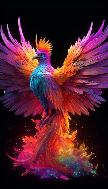 Brightly colored bird with wings spread out on a black background generative ai