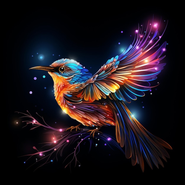 brightly colored bird with wings spread out on a branch generative ai