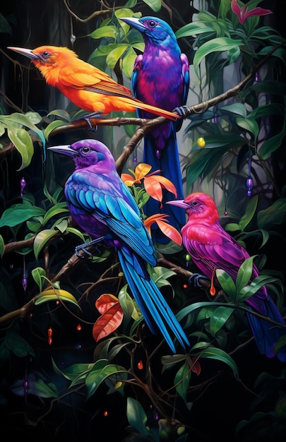 Photo brightly colored birds perched on a branch in a forest generative ai