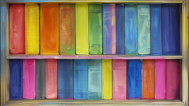 Foto blocchi di colori vivaci di varie dimensioni sono disposti su scaffali di legno in un disegno arcobaleno