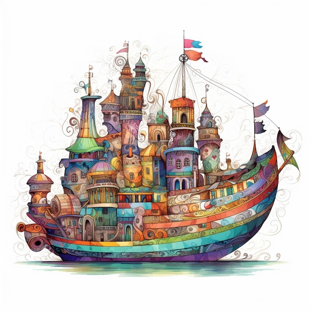 Brightly colored boat with a castle on the front generative ai