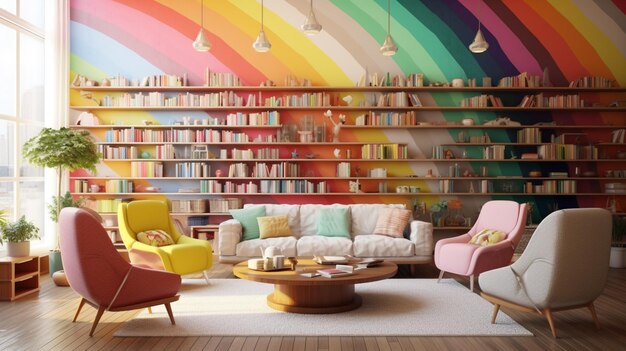 Brightly colored bookshelves in a living room with a couch and chairs generative ai