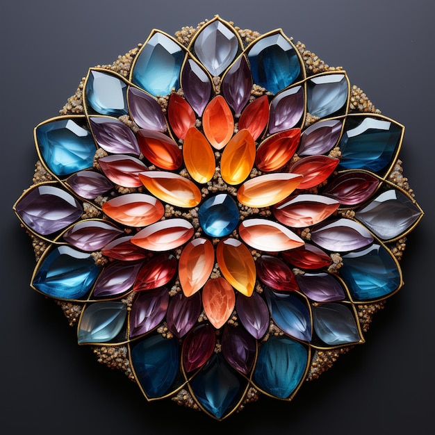 Photo brightly colored brooch with gold accents on a black background generative ai