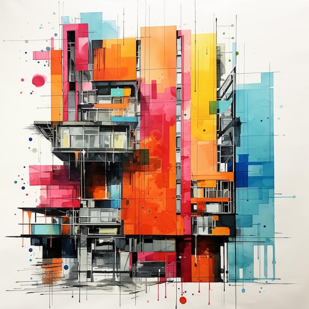 A brightly colored building with multiple levels of windows and balconies generative ai