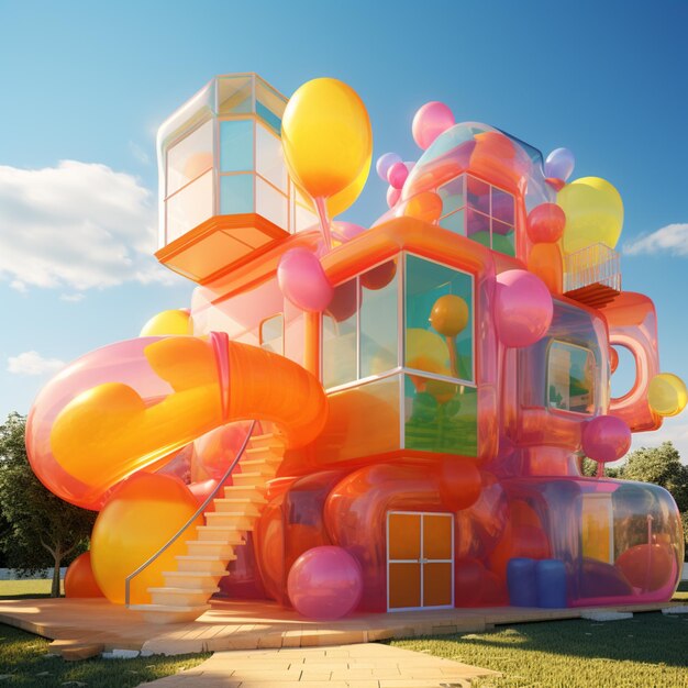 brightly colored building with a slide and balloons on the ground generative ai