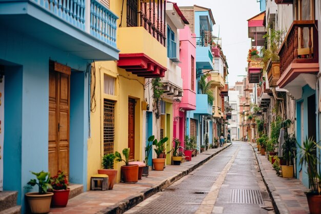 Photo brightly colored buildings line a narrow street in a city generative ai