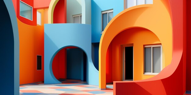 Brightly colored buildings with arches and windows in a courtyard generative ai