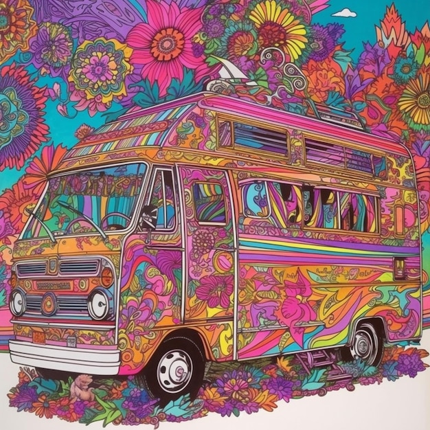 Brightly colored bus with a bird on top of it in a field of flowers generative ai
