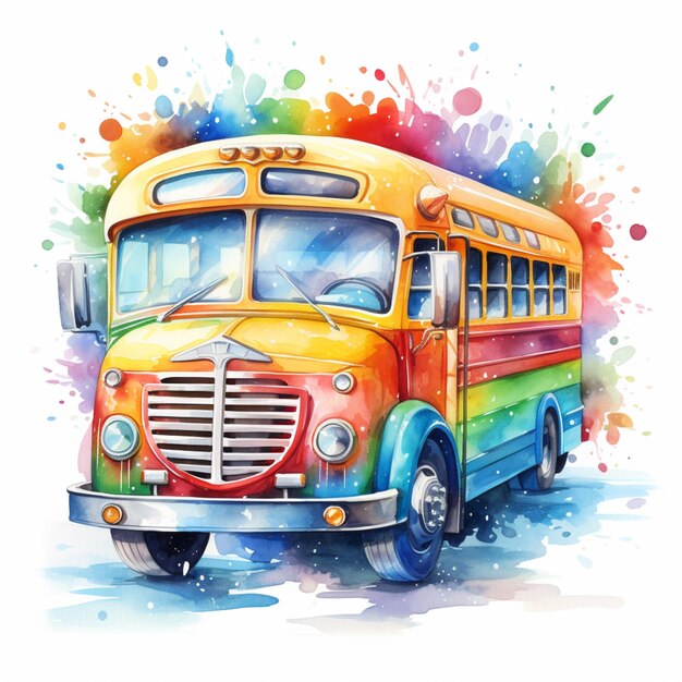brightly colored bus with a rainbow paint splash effect on the side generative ai