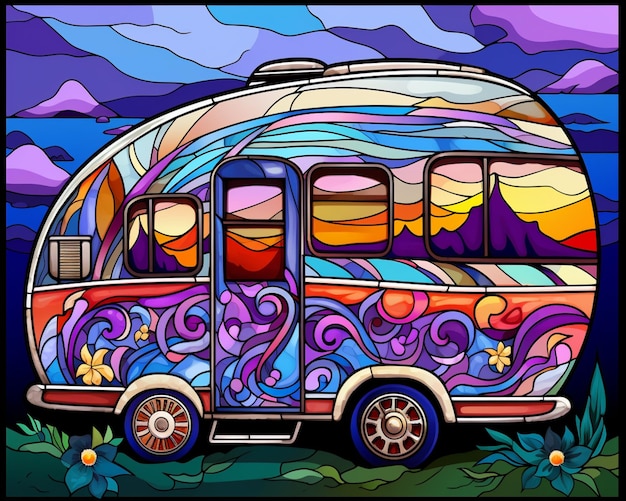 Photo a brightly colored bus with a surfboard on the roof generative ai