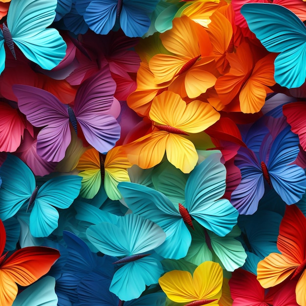 Brightly colored butterflies are arranged in a pattern on a wall generative ai