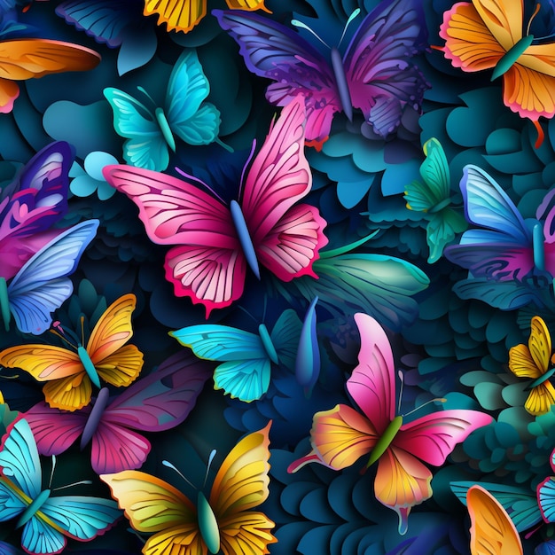 Brightly colored butterflies are flying in a dark blue background generative ai