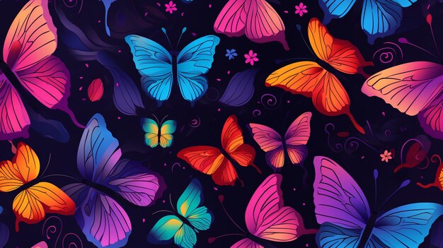 Brightly colored butterflies on a black background generative ai