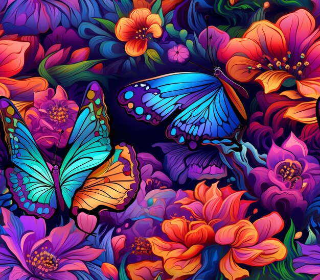 Photo brightly colored butterflies and flowers in a field of purple and orange flowers generative ai