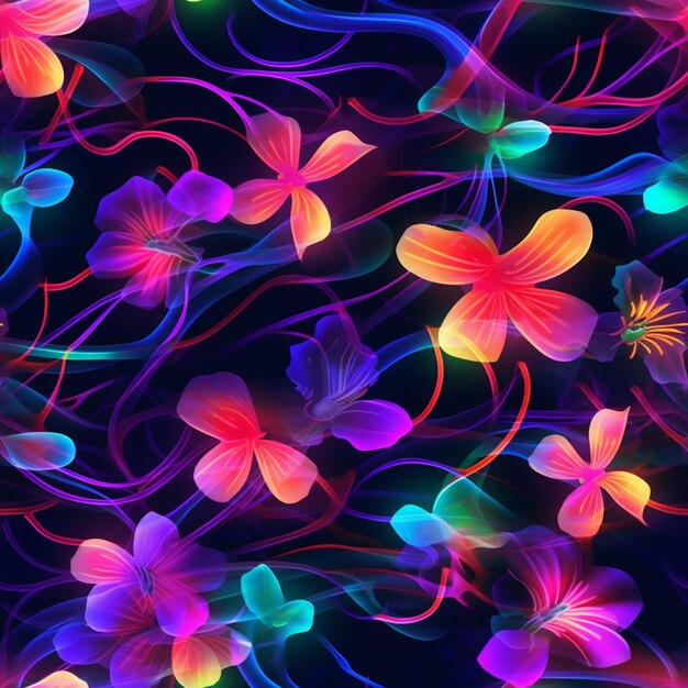 Photo brightly colored butterflies and swirls of light against a black background ai generative