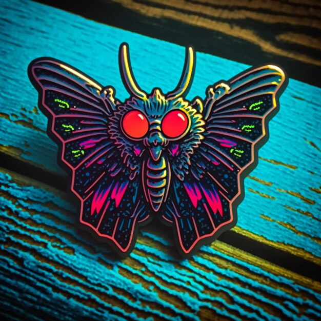 Brightly colored butterfly pin sitting on a wooden surface generative ai