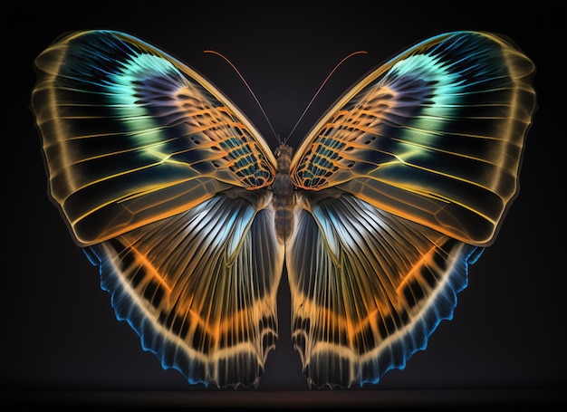 Photo brightly colored butterfly with a black background generative ai