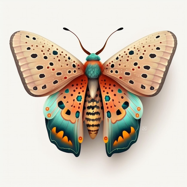 白い背景に黒い斑点とオレンジ色の羽を持つ明るい色の蝶生成ai