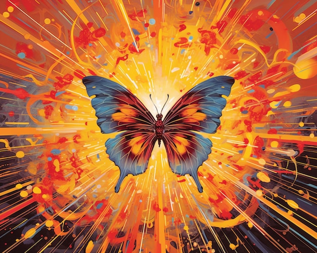 Brightly colored butterfly with bright rays of light in the background generative ai