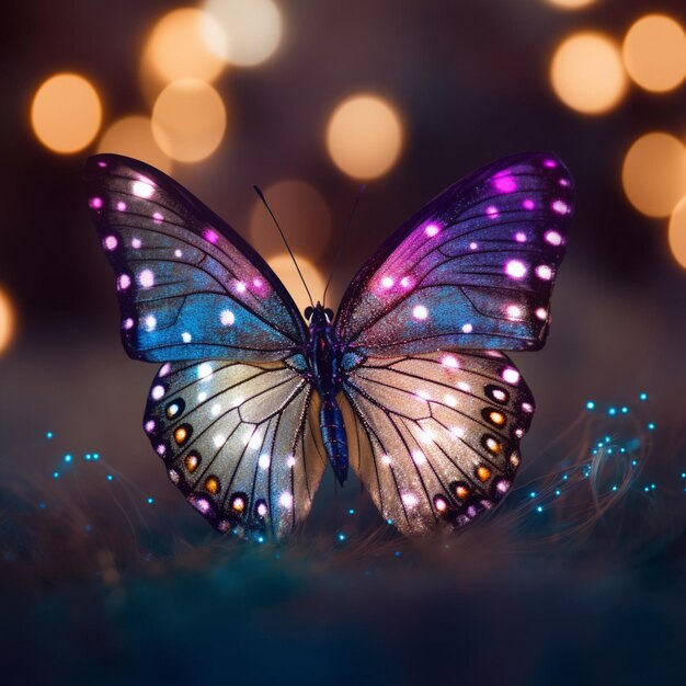 Brightly colored butterfly with bright spots on wings sitting on grass generative ai