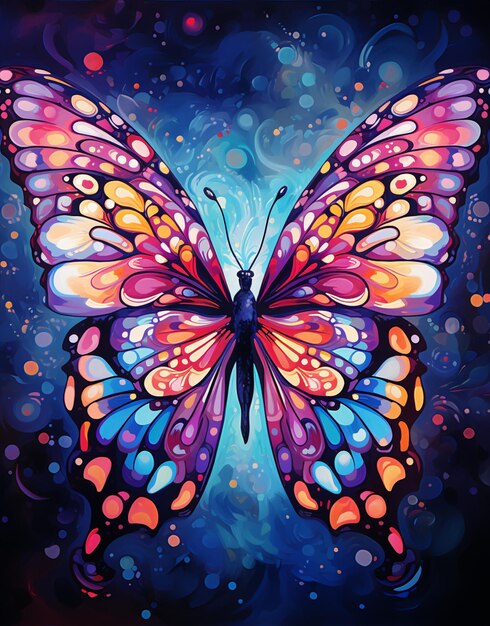 brightly colored butterfly with bubbles and swirls on a dark background generative ai