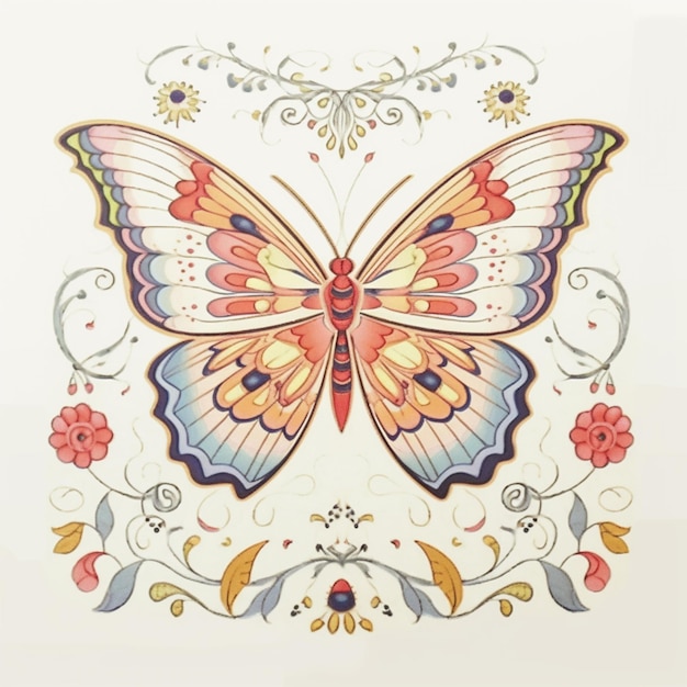 Photo brightly colored butterfly with floral design on white background with ladybug generative ai