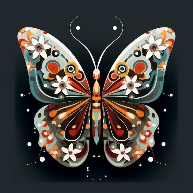 Brightly colored butterfly with floral wings on a black background generative ai