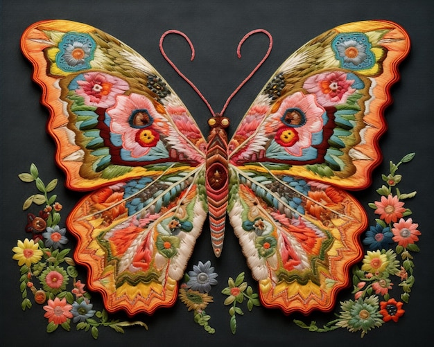 brightly colored butterfly with floral wings on black background with flowers generative ai