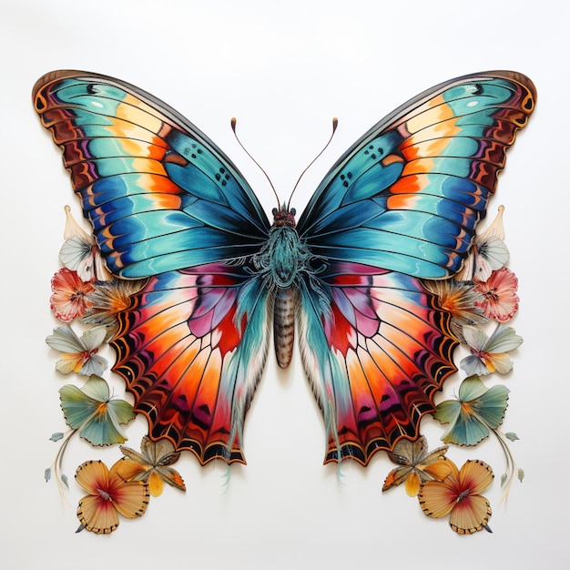 Brightly colored butterfly with flowers and leaves on white background generative ai