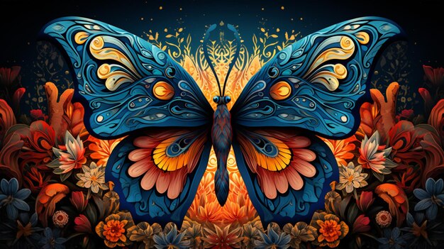 Foto farfalla dai colori vivaci con ali intricate su uno sfondo floreale generativo ai