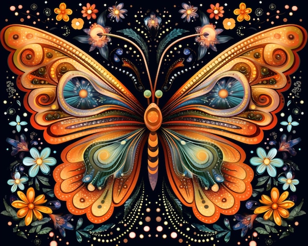 brightly colored butterfly with ornate pattern on black background generative ai