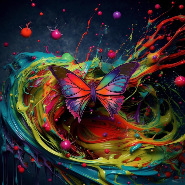 Brightly colored butterfly with swirls and bubbles in a dark room generative ai
