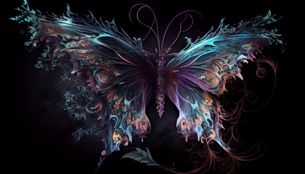 brightly colored butterfly with swirly wings on black background generative ai