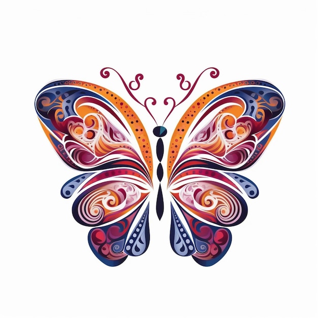 brightly colored butterfly with swirly wings on white background generative ai