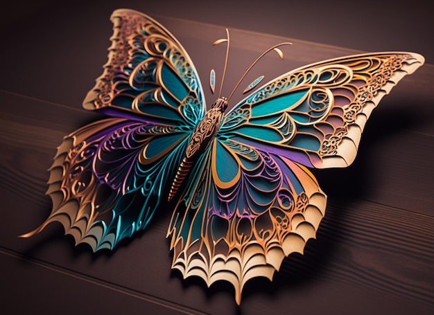 Brightly colored butterfly on a wooden surface with a dark background generative ai