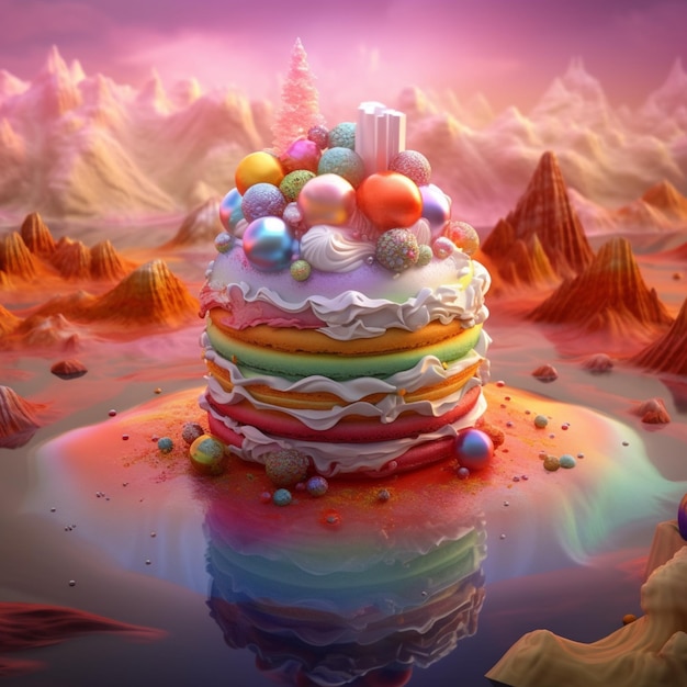 Foto torta dai colori vivaci con candele e decorazioni su un paesaggio del deserto generativo ai