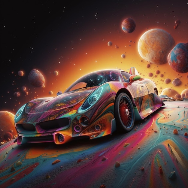 A brightly colored car driving through a colorful space with planets generative ai