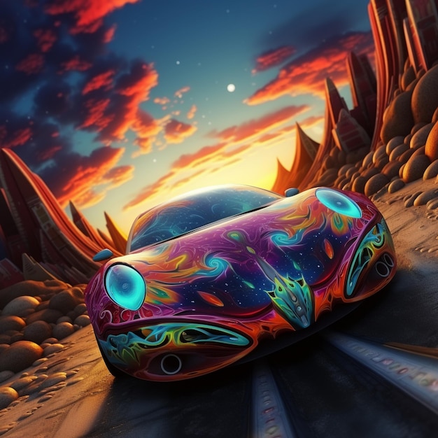 Photo brightly colored car driving on a track in a desert area generative ai
