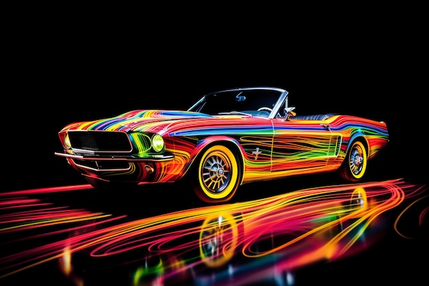 a brightly colored car with a black background and a reflection generative ai