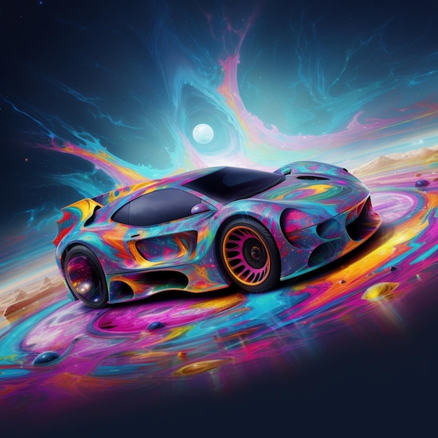 A brightly colored car with a bright swirl of paint on the side generative ai