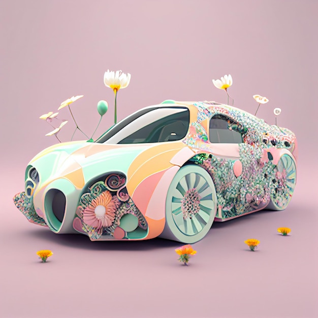 Brightly colored car with flowers and butterflies on the side generative ai
